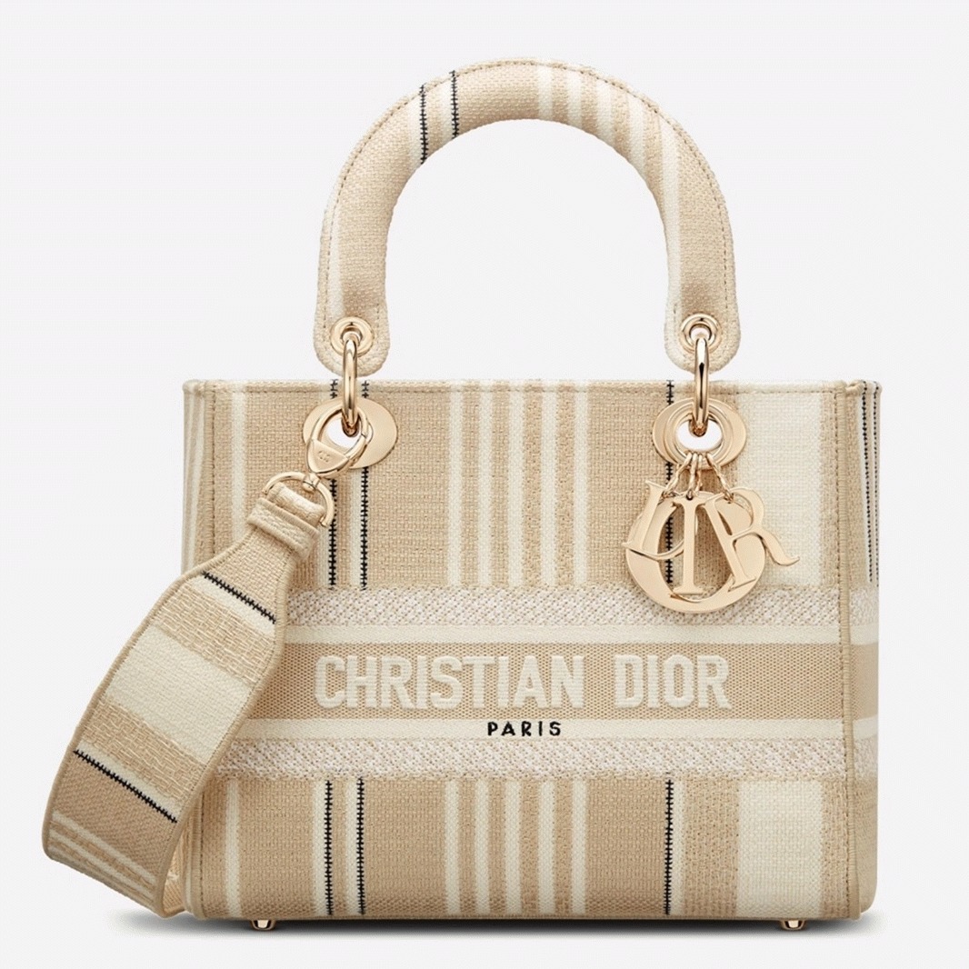 D10r Lady D-Lite Medium Bag Knockoff in Beige Stripes Embroidery