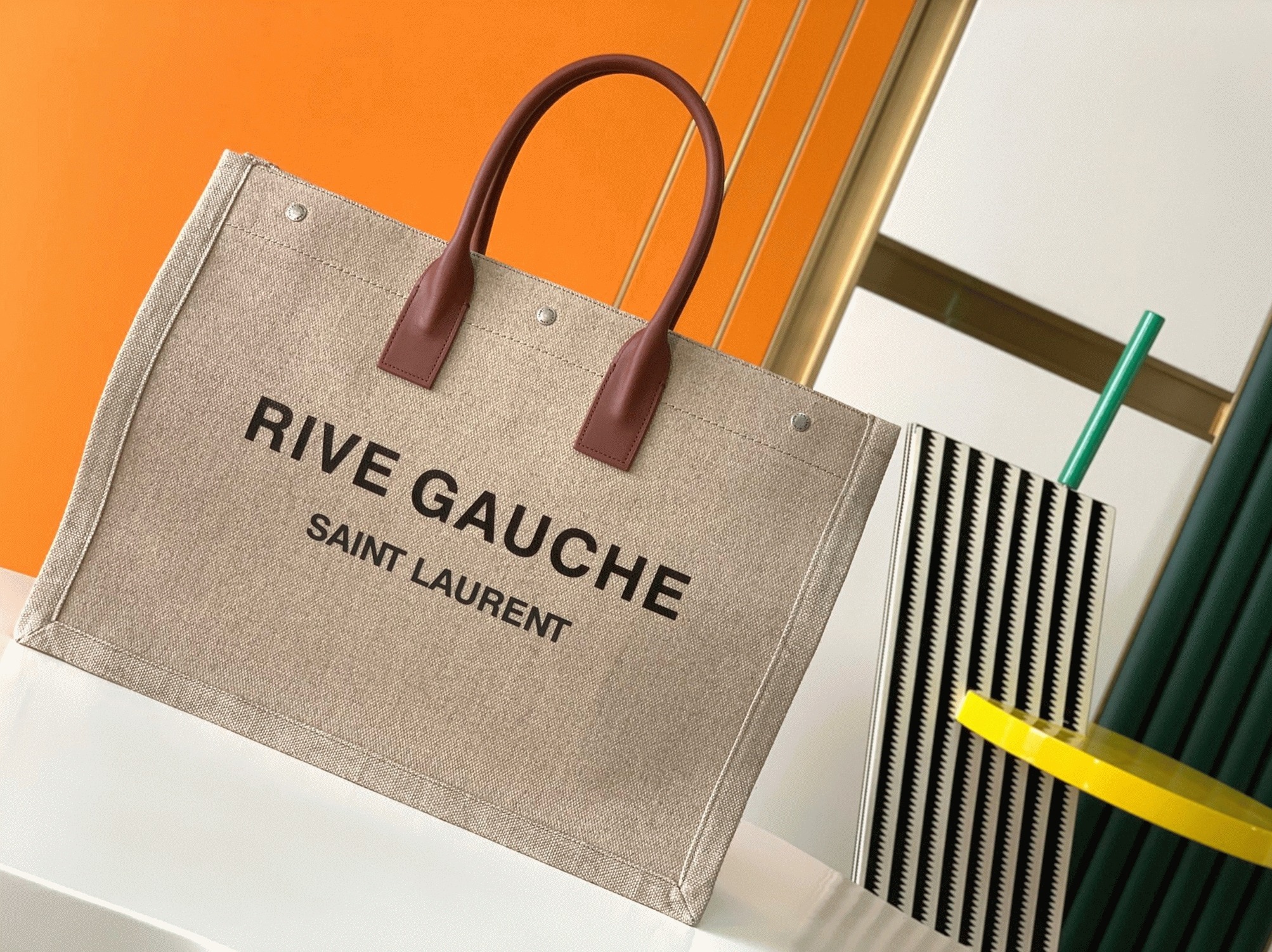 Knockoff Sa1nt Lau*nt Rive Gauche Tote Bag White Linen and Brown Leather