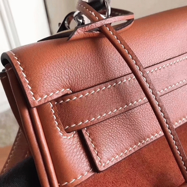 Brown Suede Fake H**me5 Kelly 32cm Bag with Zigzag Handle
