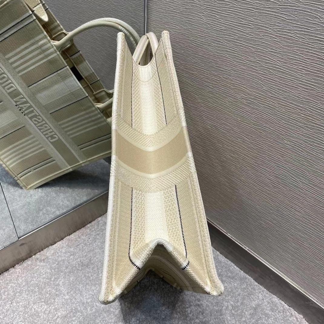 D10r Large Book Tote Bag Replica in Beige Stripes Embroidery