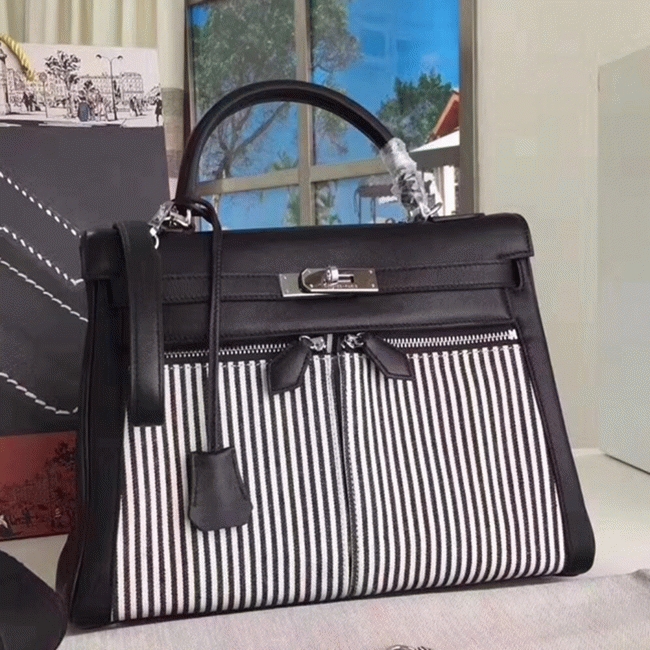 Black Toile   Swift Knockoff H**me5 Kelly Lakis 32cm Hybrid Bag