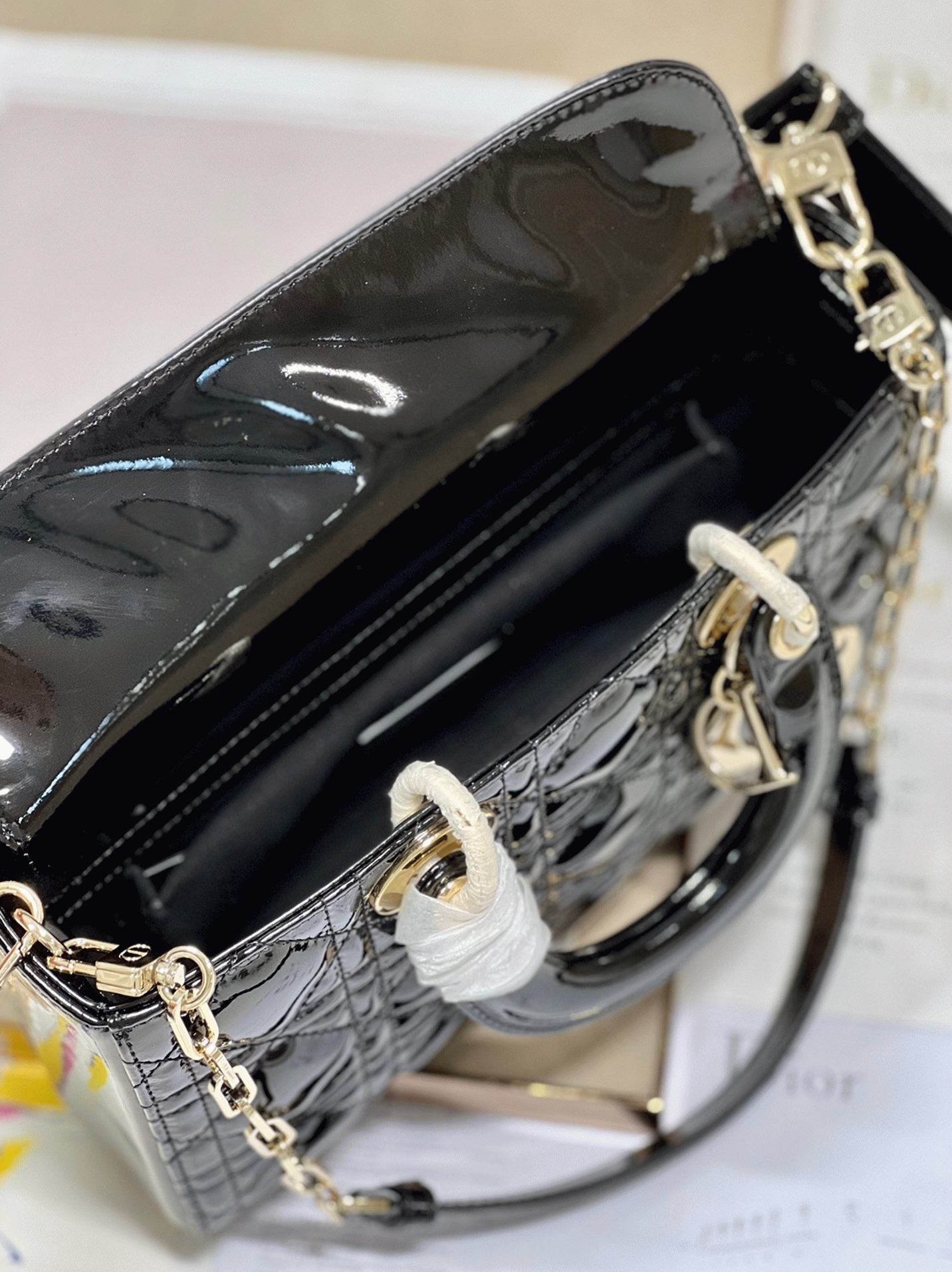 D10r Lady D-Joy Medium Bag Faux in Black Patent Cannage Calfskin