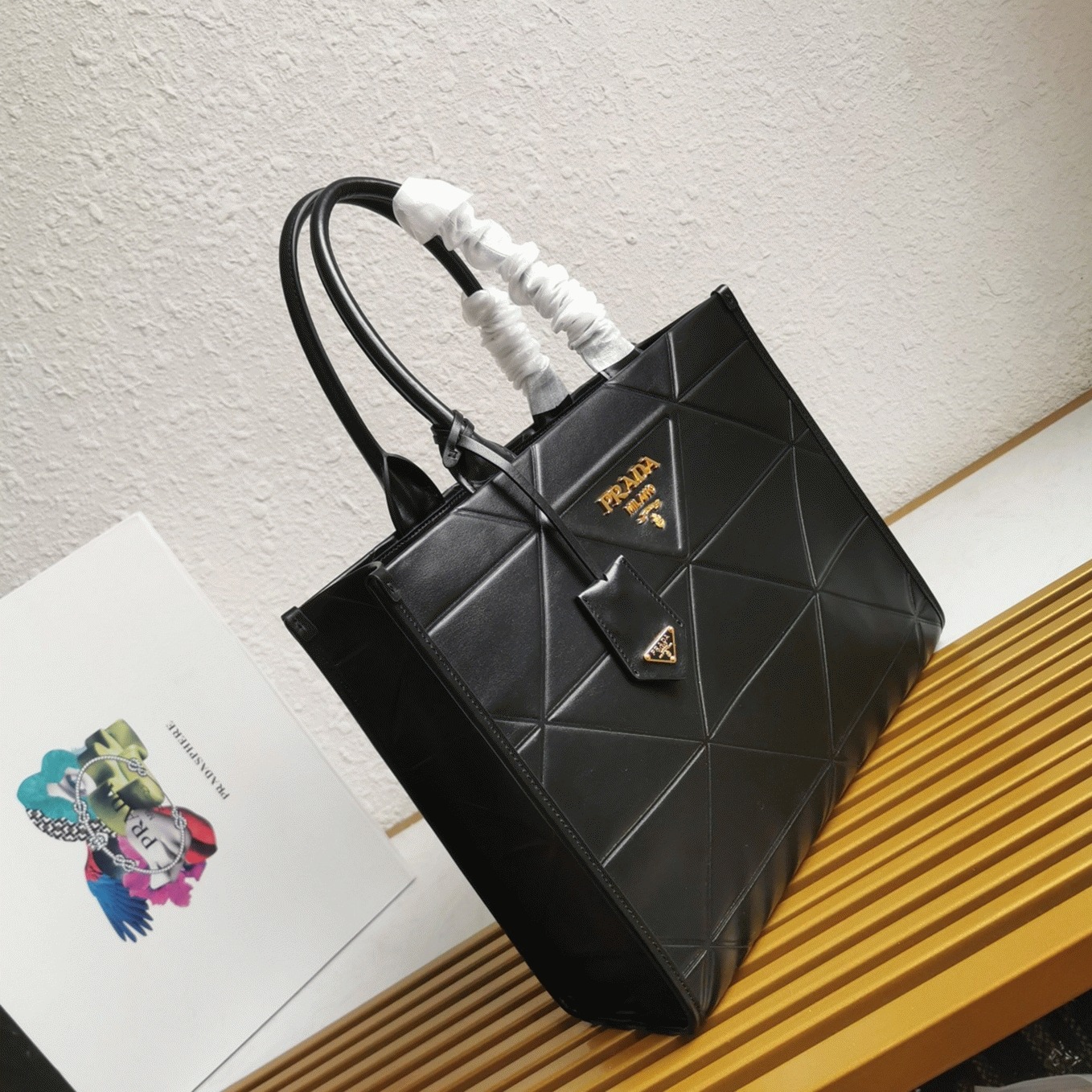 Pra*a Symbole Medium Bag Replica with Topstitching in Black