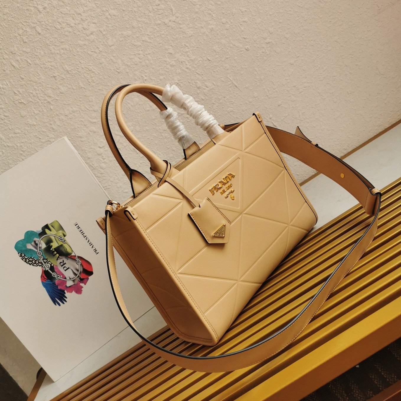 Pra*a Symbole Small Bag Imitation with Topstitching in Beige