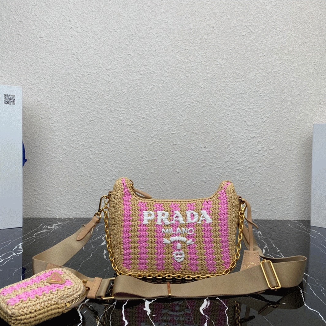 Pra*a Re-Edition Bag Knockoff in Beige and Pink Stripe