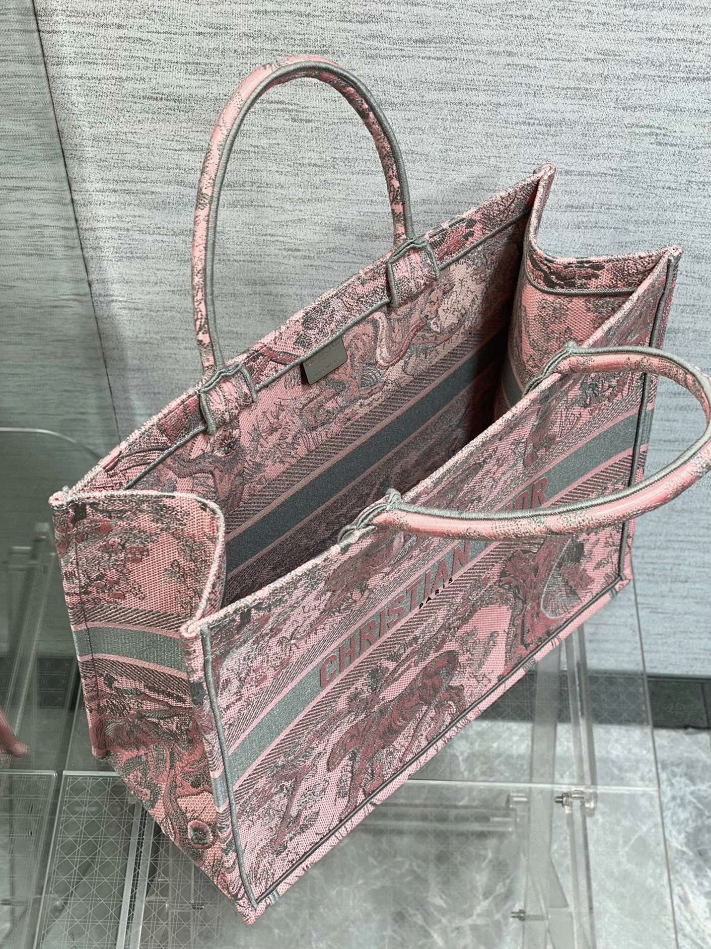 D10r Large Book Tote Bag Fake in Pink and Gray Toile de Jouy Sauvage Embroidery