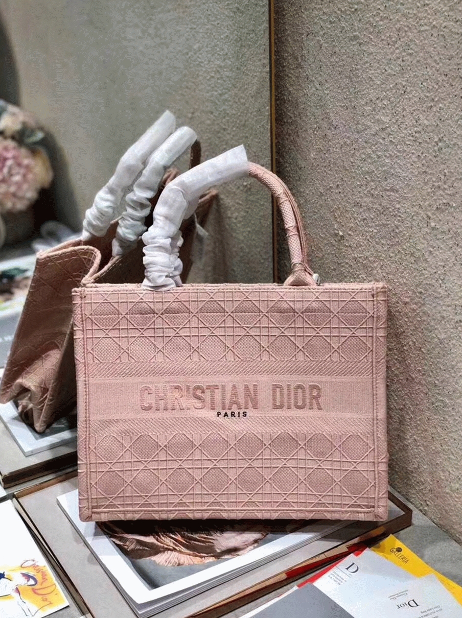D10r Medium Book Tote Bag Knockoff in Pink Cannage Embroidered Canvas