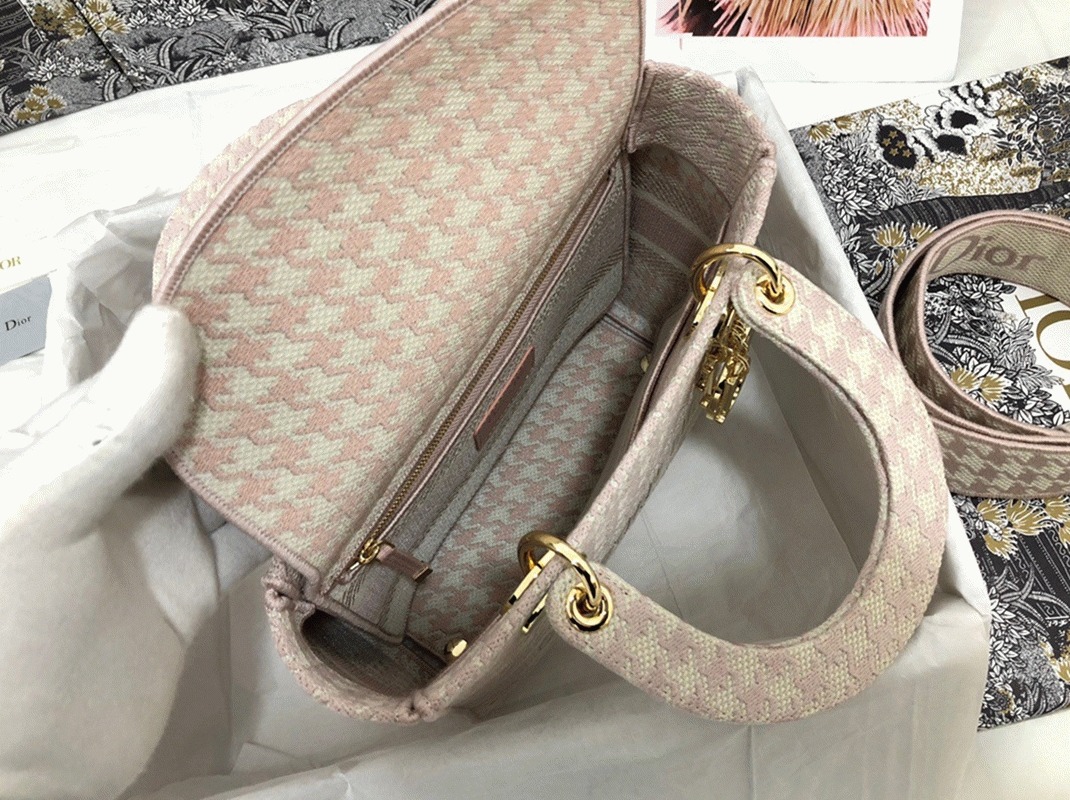 D10r Lady D-Lite Medium Bag Knockoff in Pink   White Houndstooth Embroidery
