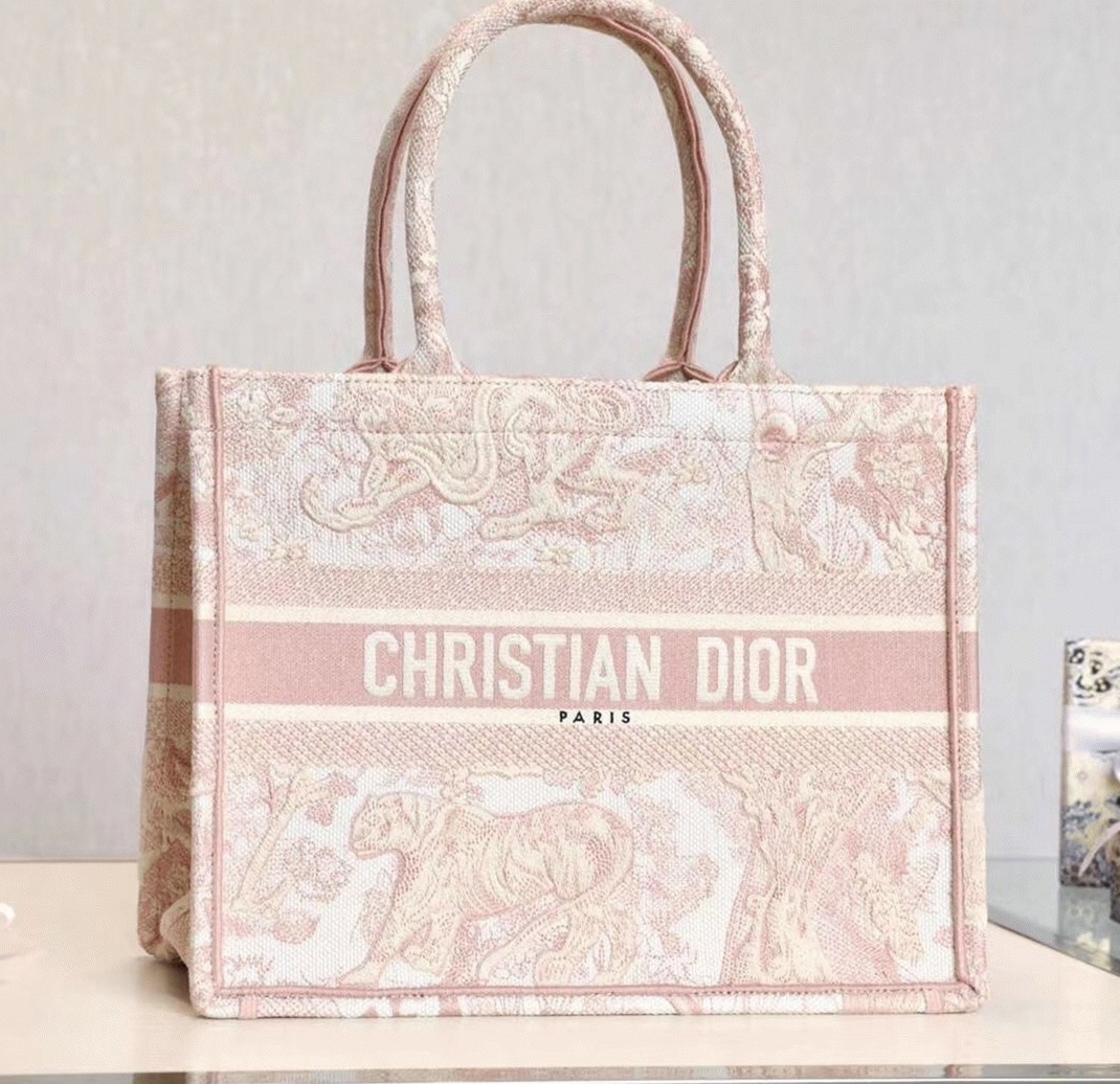D10r Medium Book Tote Bag Replica in Pink Toile De Jouy Embroidery
