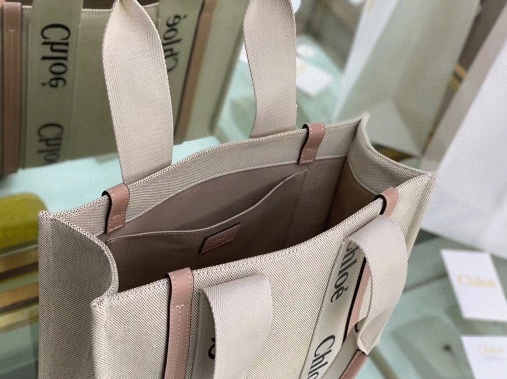 top quality replica Ch10e medium woody tote bag in canvas with beige leather strips