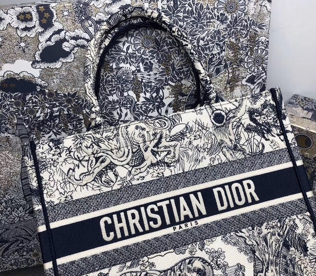 D10r Medium Book Tote Bag Replica in Blue Toile De Jouy Embroidery