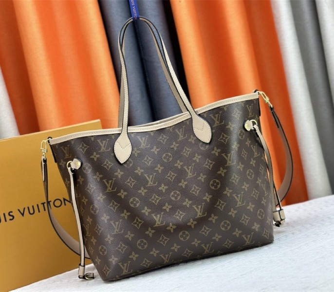 L0vis Vvtt0n Neverfull Bandouliere Inside Out MM Tote In Monogram Canvas And Beige Textile And Leather