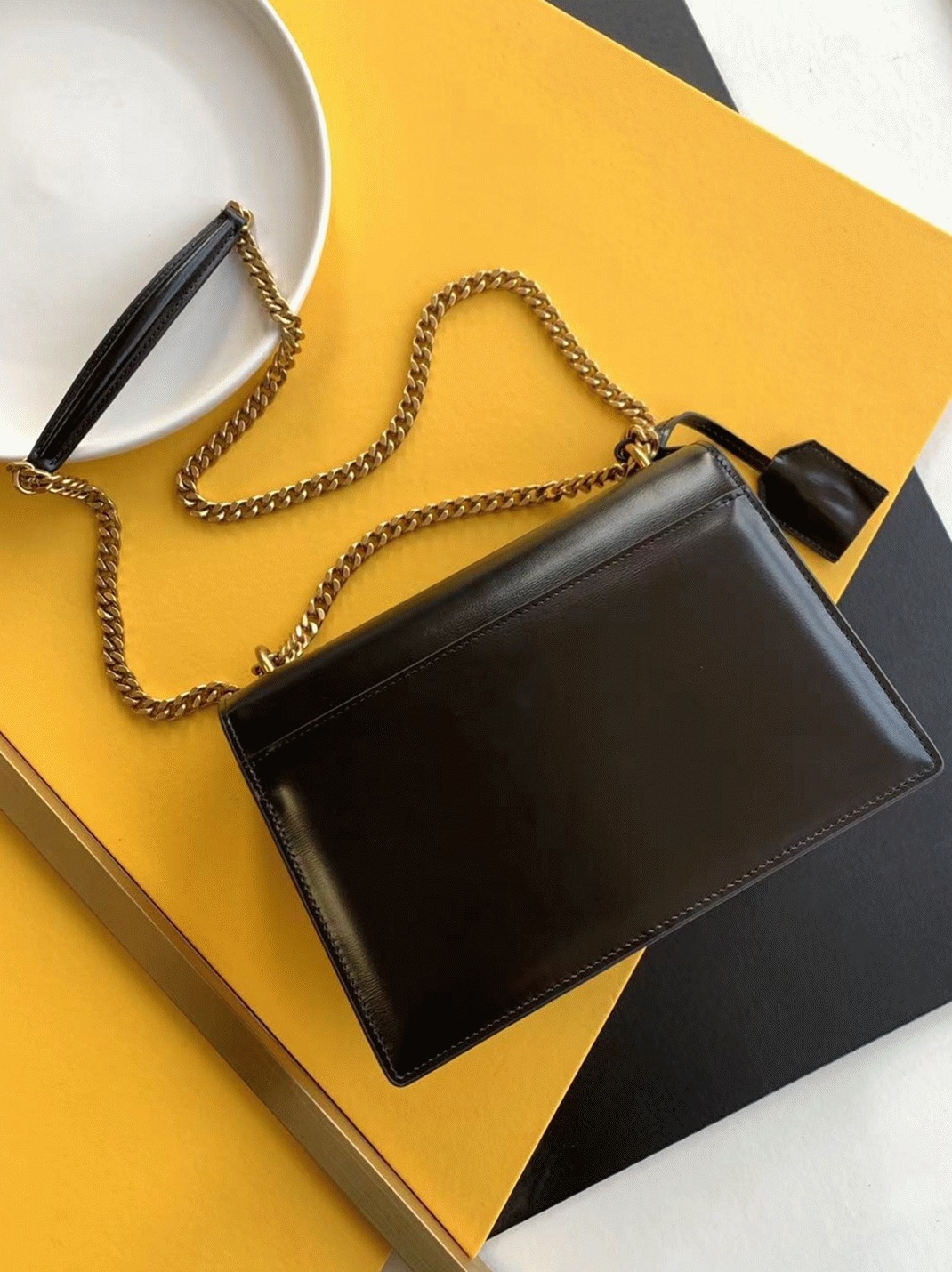 Knockoff Sa1nt Lau*nt Sunset Medium Chain Bag Black Calfskin