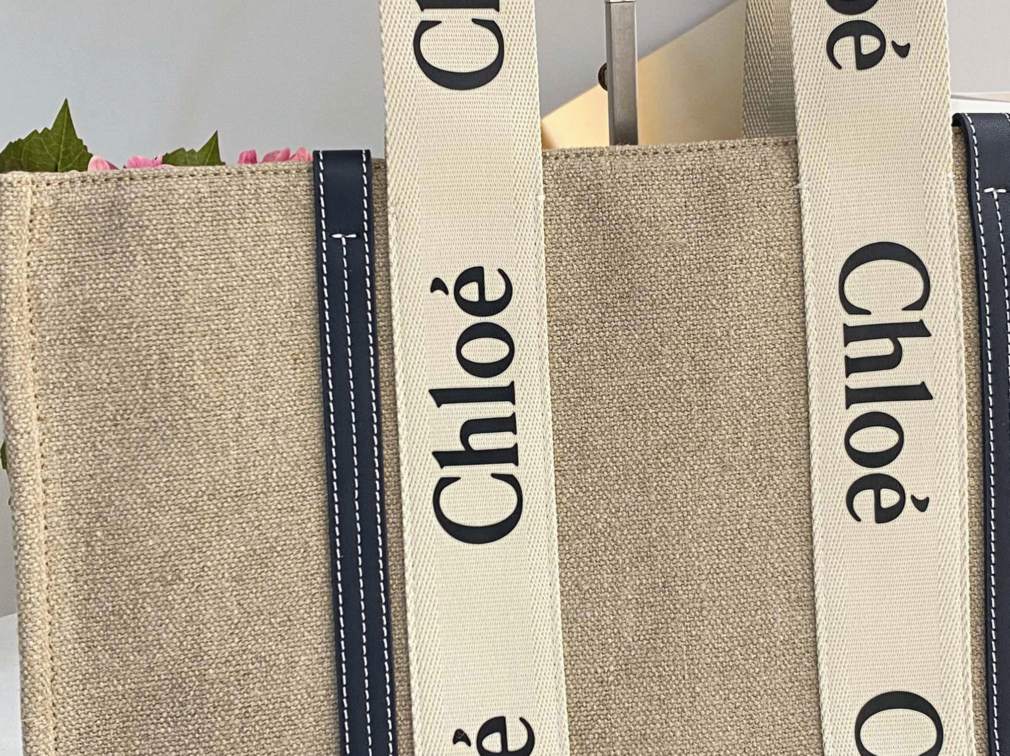 top quality fake Ch10e woody large tote bag in linen canvas with navy blue leather