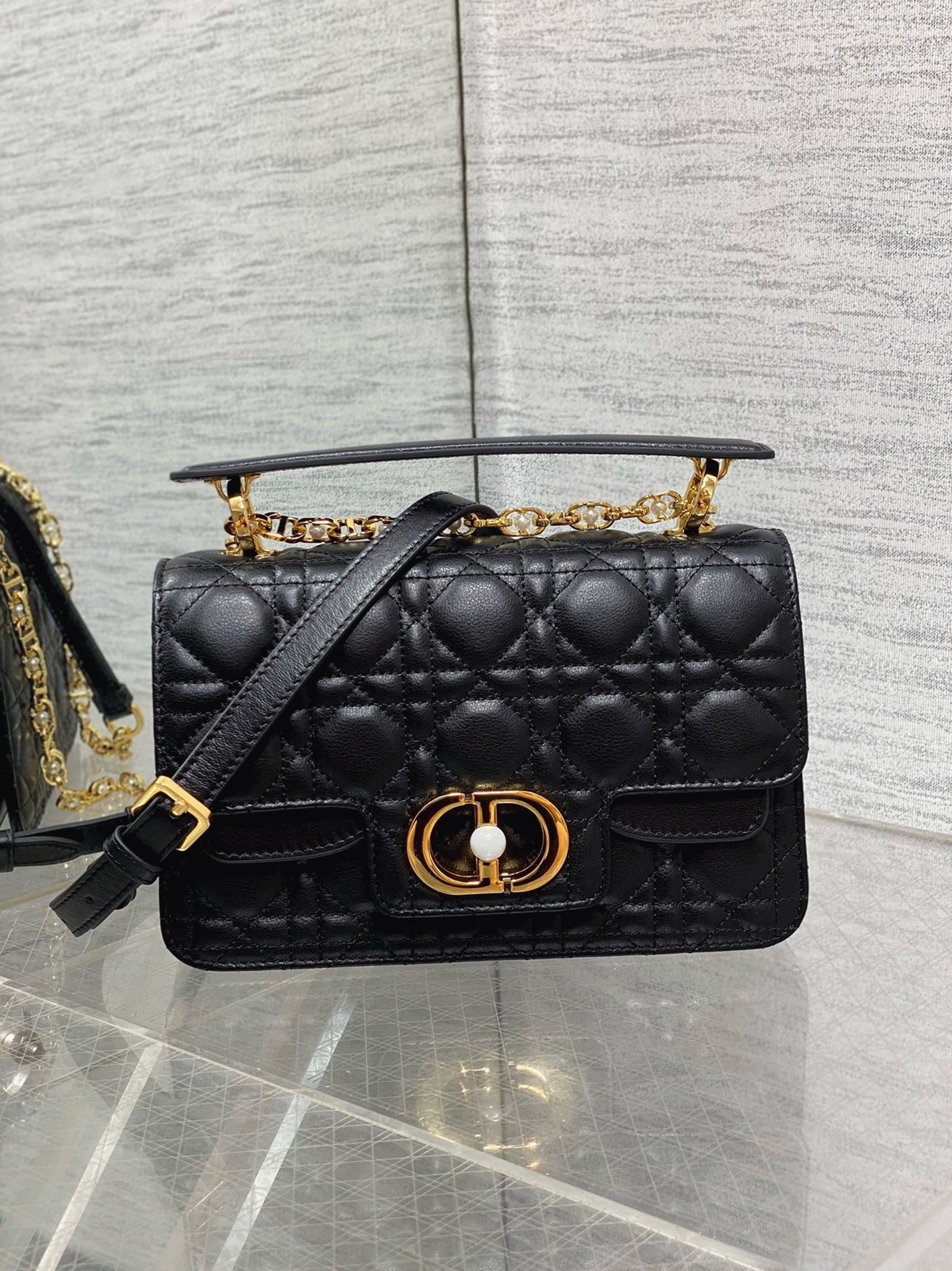 D10r Small Jolie Top Handle Bag Fake in Black Cannage Calfskin