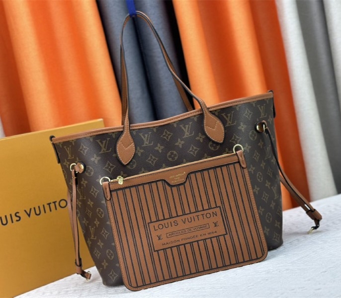 L0vis Vvtt0n Neverfull Bandouliere Inside Out MM Tote In Monogram Canvas And Brown Leather