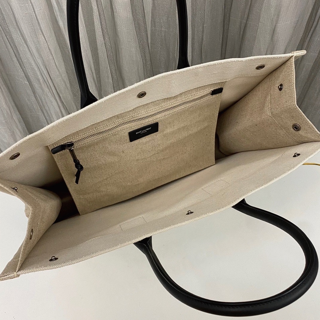 Knockoff Sa1nt Lau*nt Rive Gauche Tote Bag White Linen and Black Leather