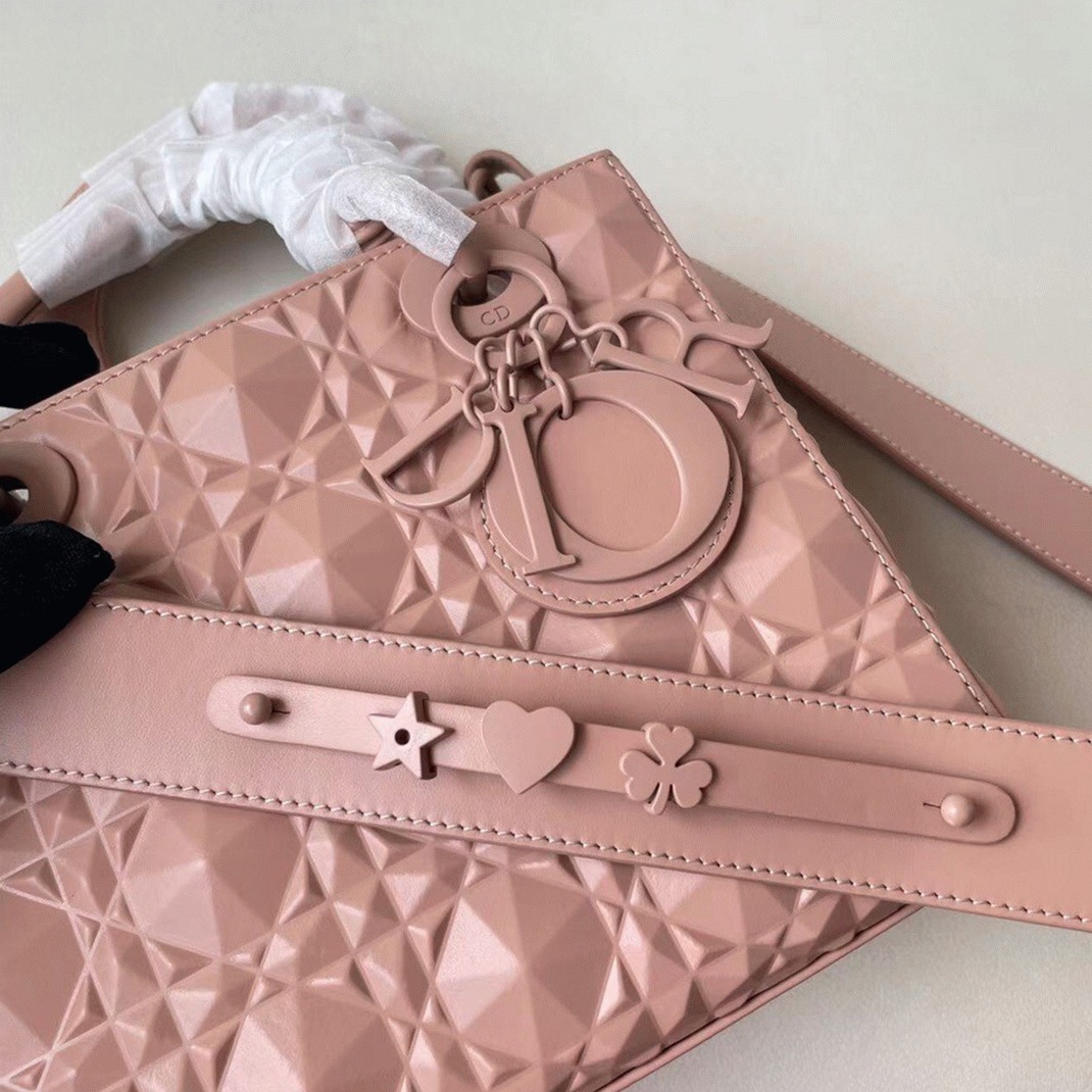 D10r Small Lady D10r My ABCD10r Bag Fake in Pink Calfskin with D1am0nd Motif