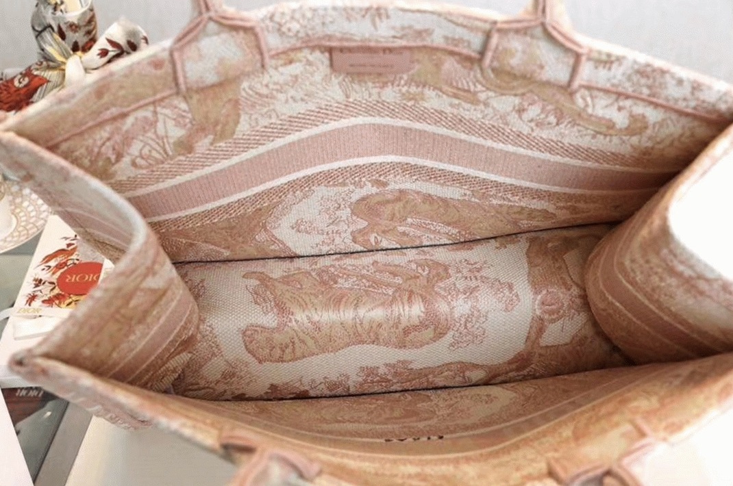 D10r Medium Book Tote Bag Replica in Pink Toile De Jouy Embroidery