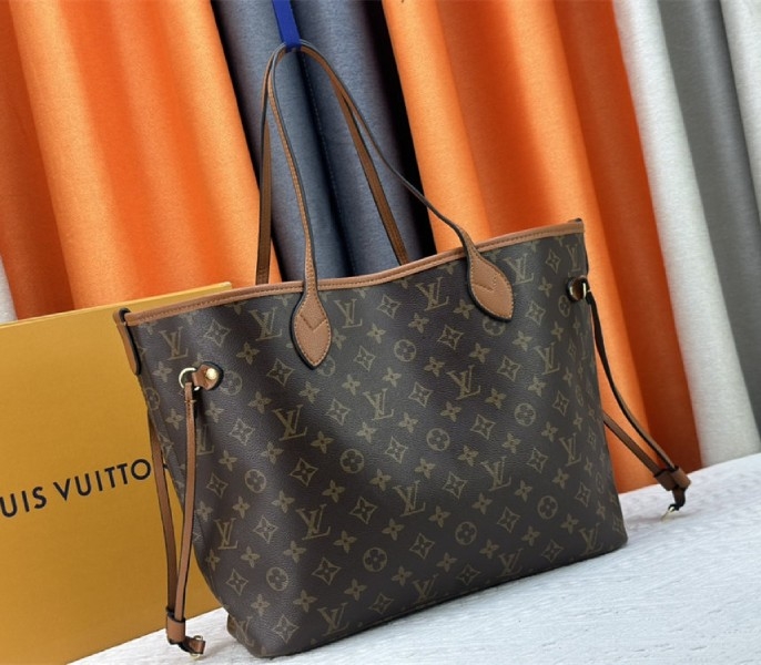 L0vis Vvtt0n Neverfull Bandouliere Inside Out MM Tote In Monogram Canvas And Brown Leather
