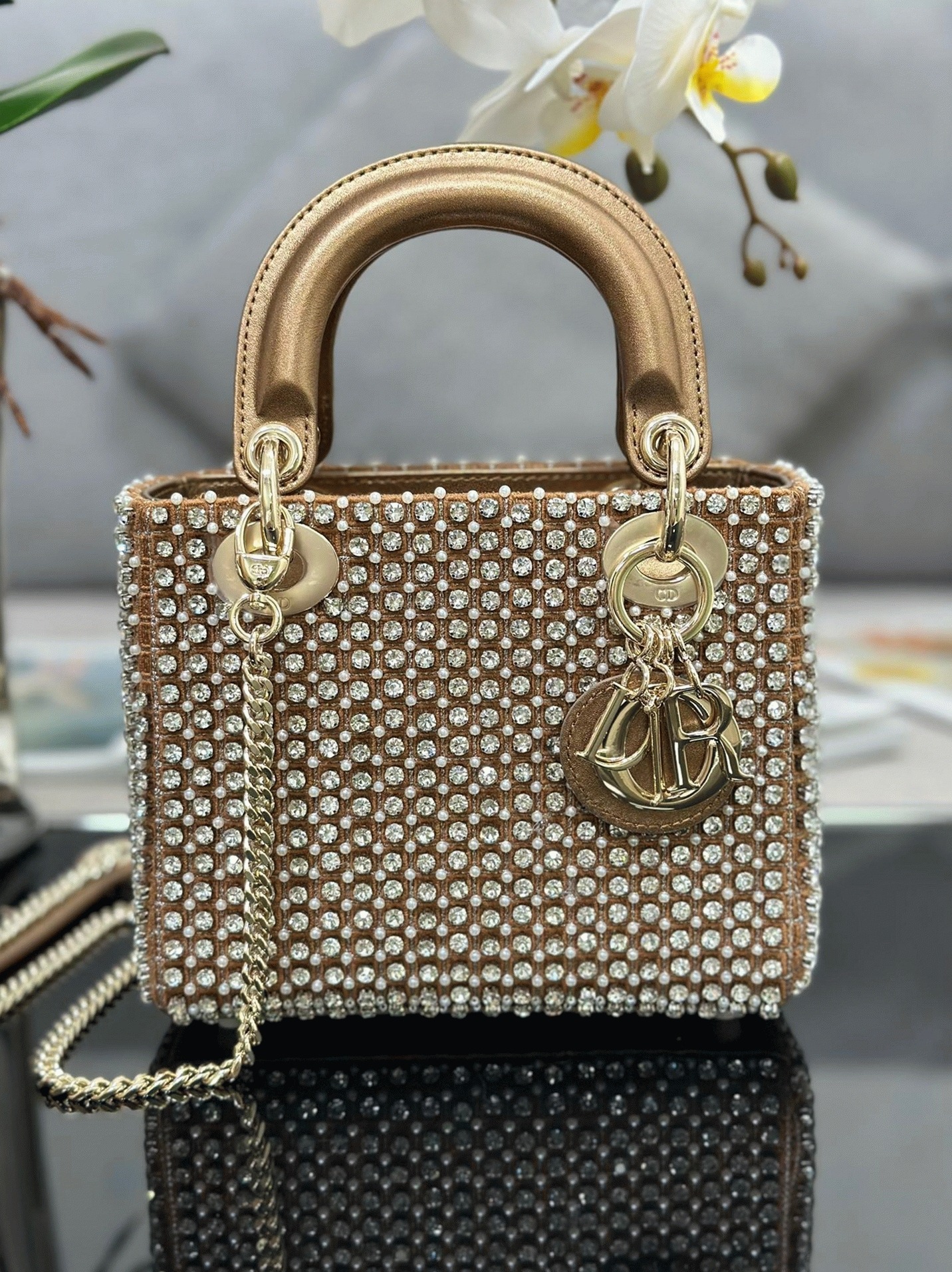 D10r Lady D10r Mini Chain Bag Replica in Square with Strass and Beads
