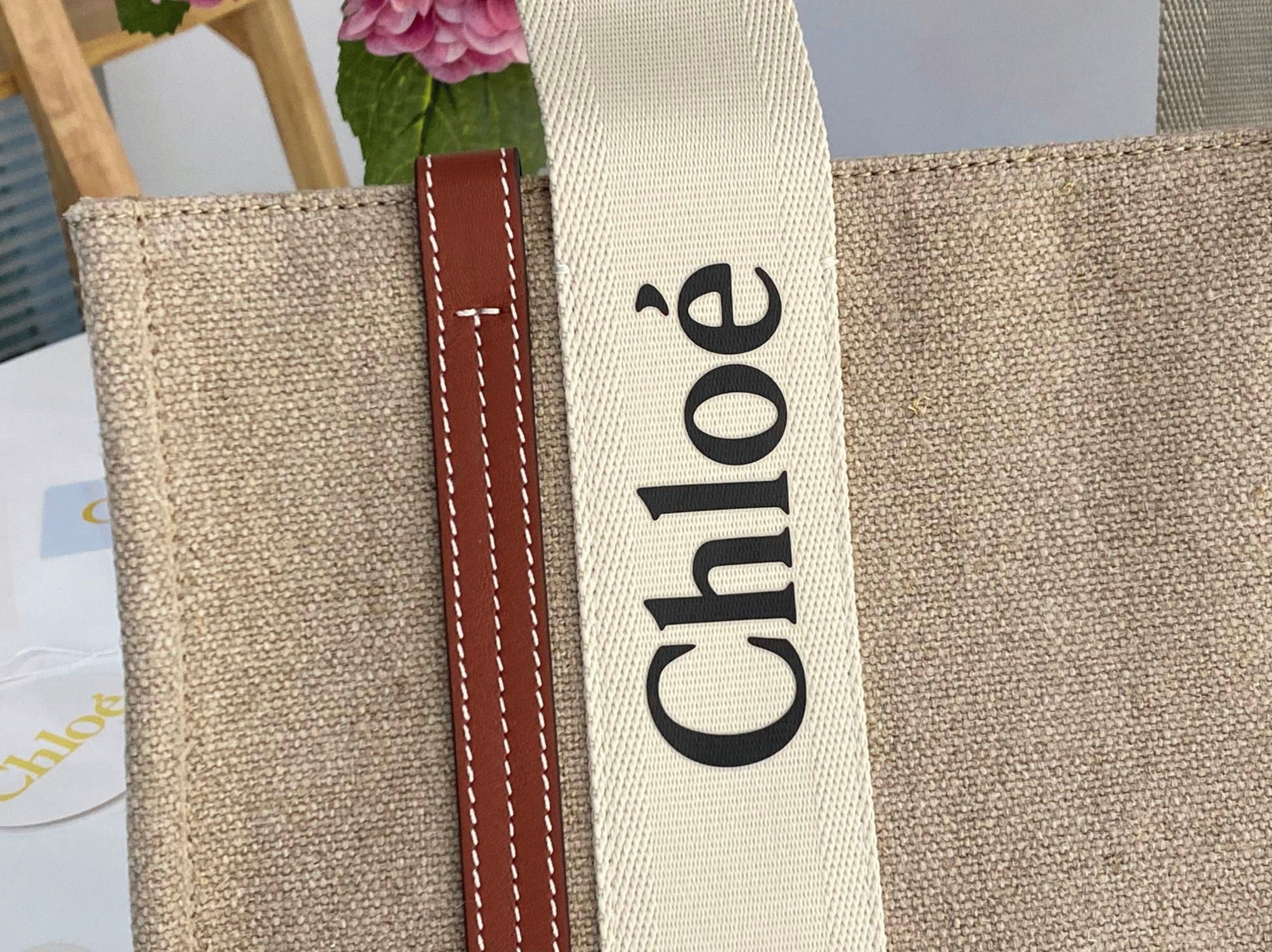 top quality knockoff Ch10e woody medium tote bag in linen canvas with brown leather