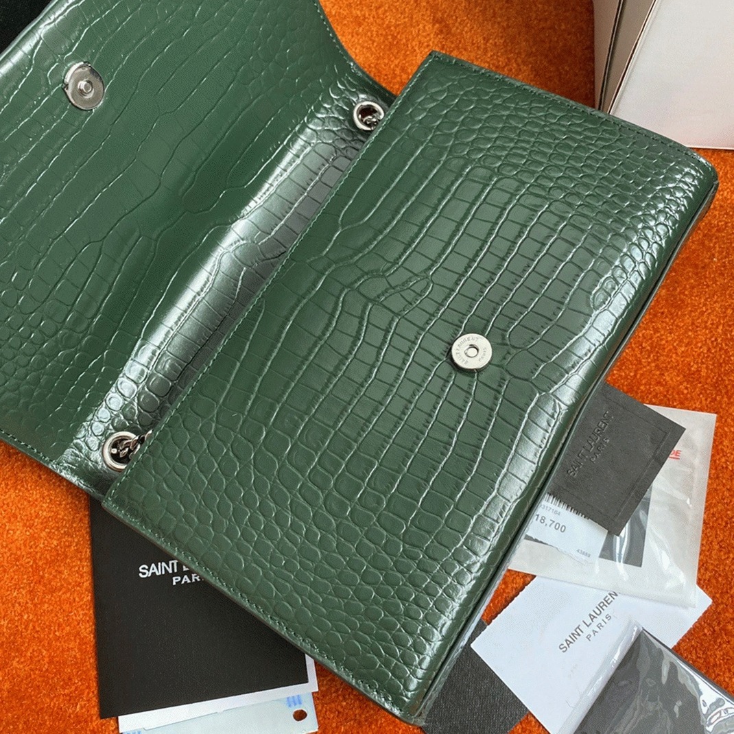 Replica Sa1nt Lau*nt Kate Medium Tassel Bag Green Crocodile-embossed Leather