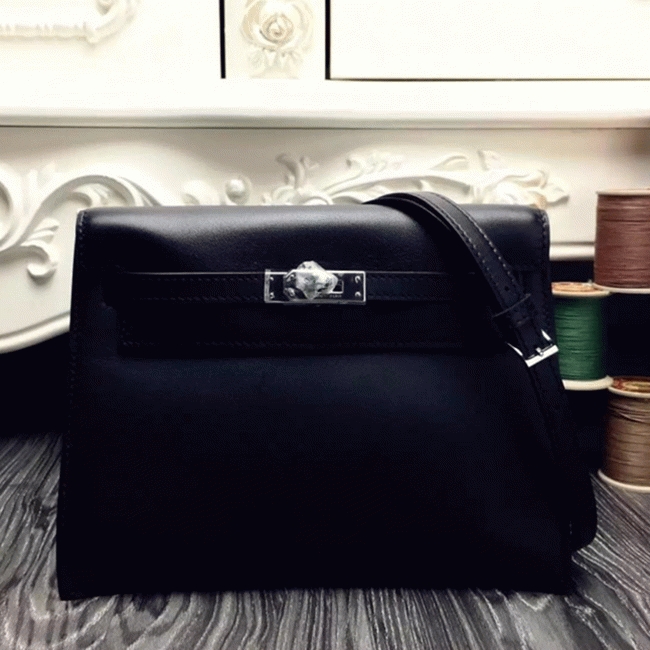 Black Swift Leather Replica H**me5 Kelly Danse Versatile Handbag