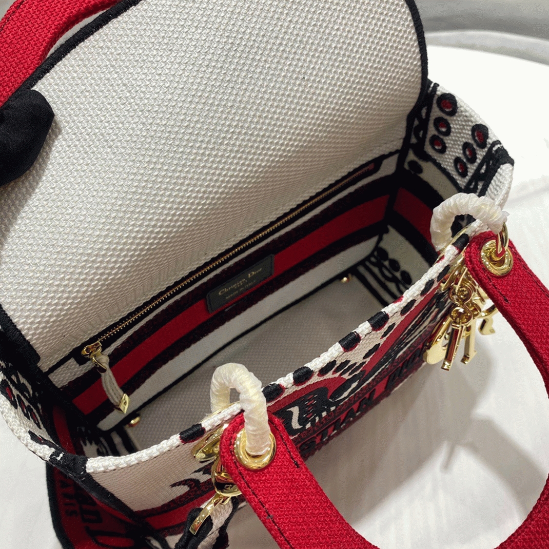 D10r Lady D-Lite Medium Bag Replica in White Multicolor Cupidon Embroidery