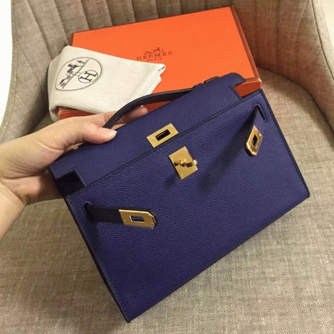 Sapphire Epsom Top Fake H**me5 Kelly Pochette Deep Blue Clutch