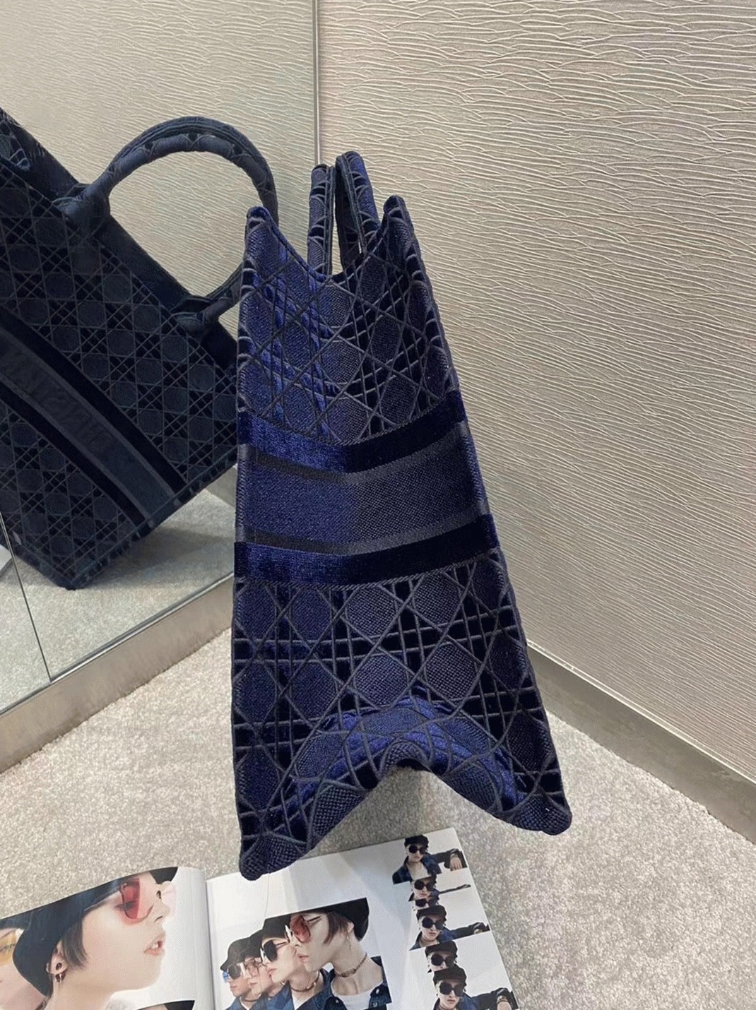 D10r Large Book Tote Bag Knockoff in Blue Cannage Embroidered Velvet