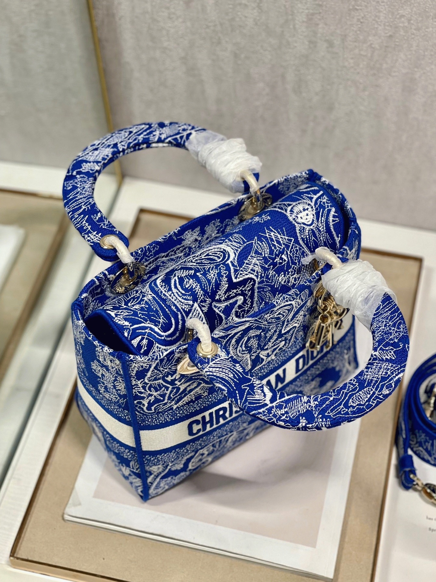 D10r Lady D-Lite Medium Bag Fake in Fluorescent Blue Toile de Jouy Reverse Embroidery