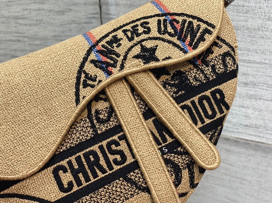 D10r Saddle Bag Knockoff in Beige Jute Canvas with D10r Union Motif