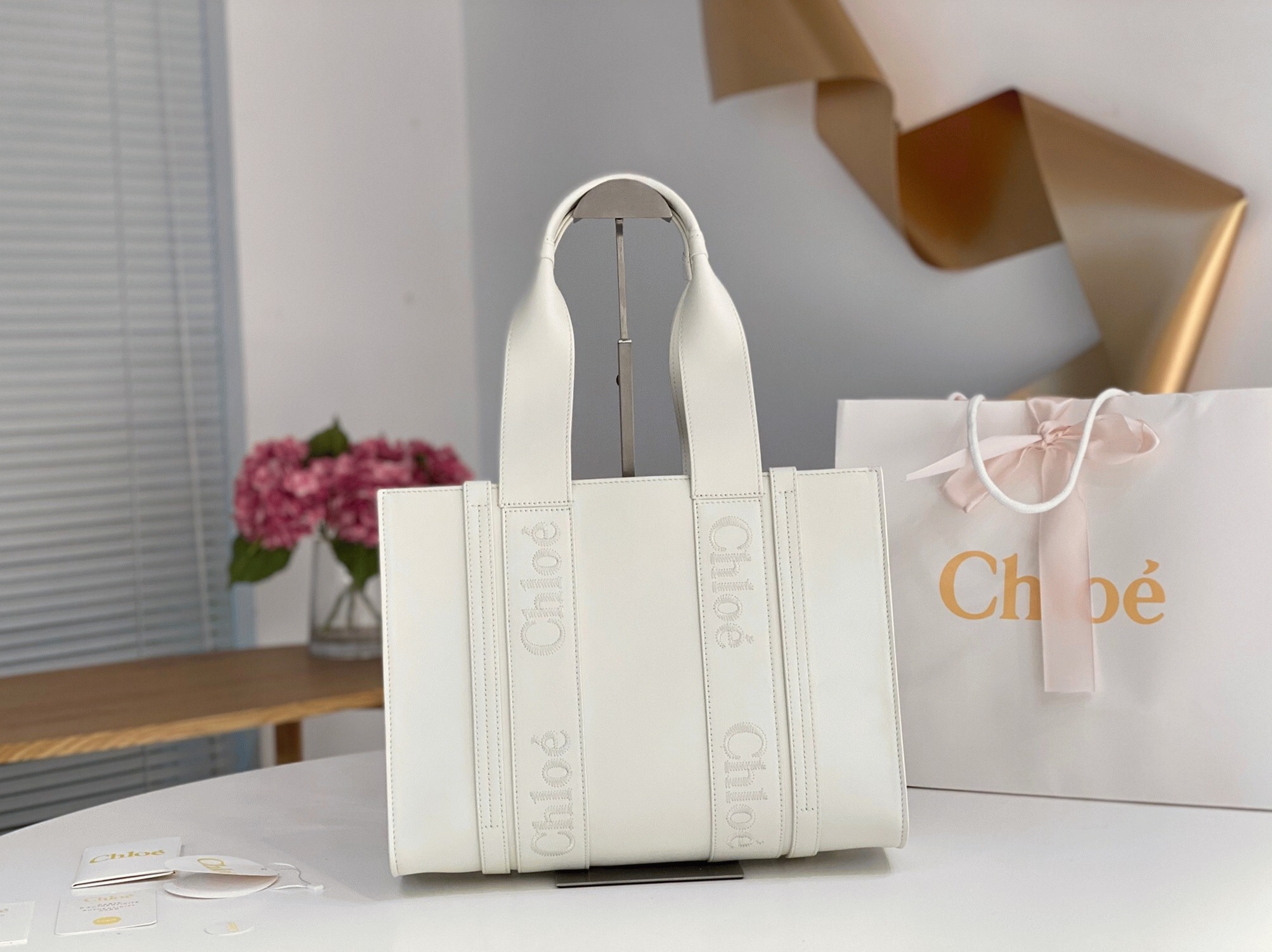 top quality fake Ch10e woody medium tote bag in white calfskin