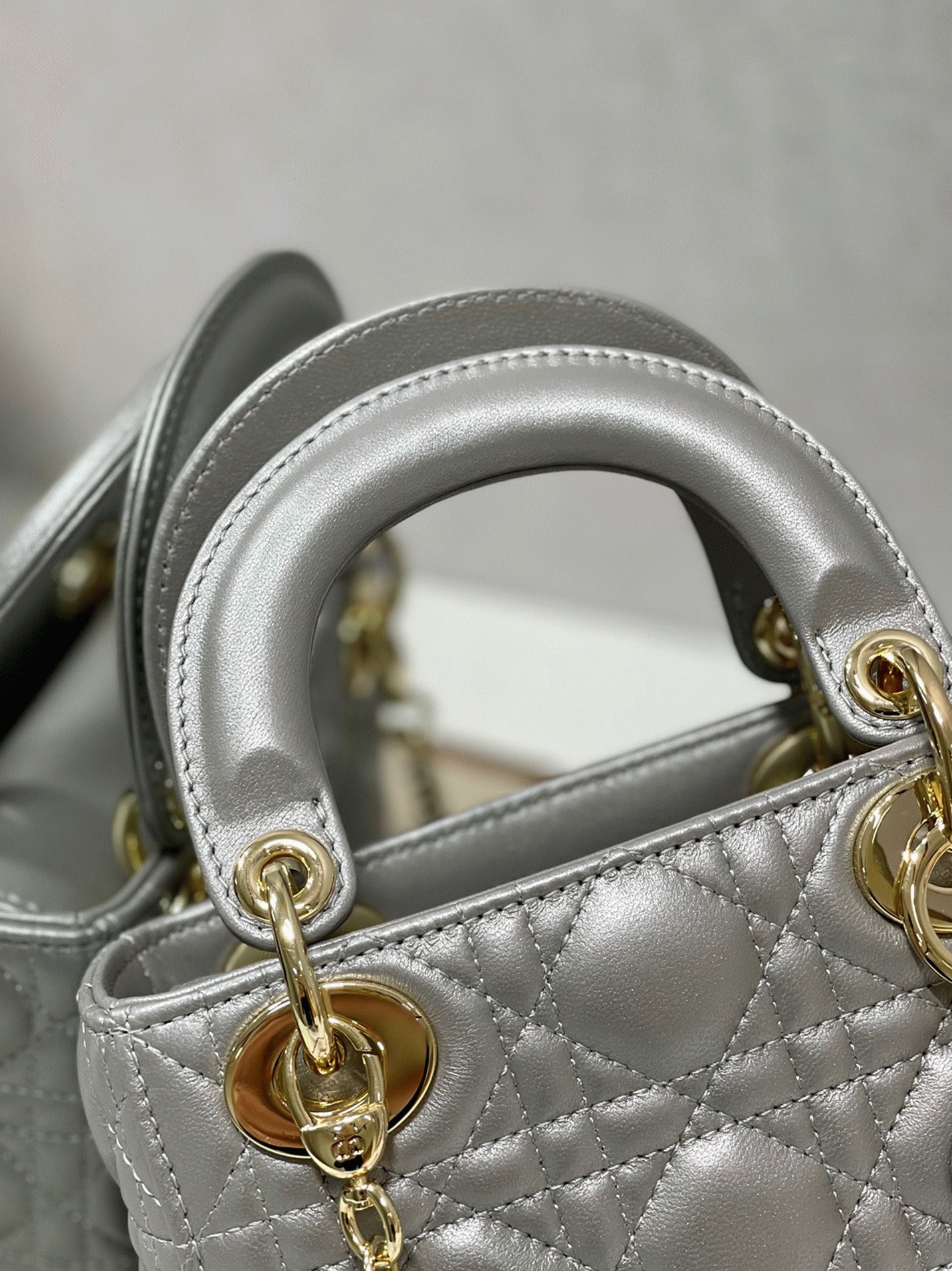 D10r Lady D10r Mini Chain Bag Replica in Grey Pearlescent Lambskin