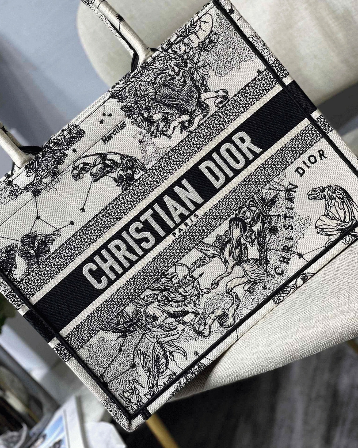 D10r Large Book Tote Bag Replica in White Toile de Jouy Zodiac Embroidery