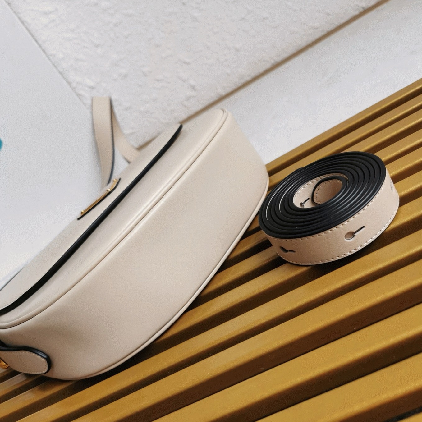 Pra*a Arque Shoulder Bag with Flap Replica in Beige