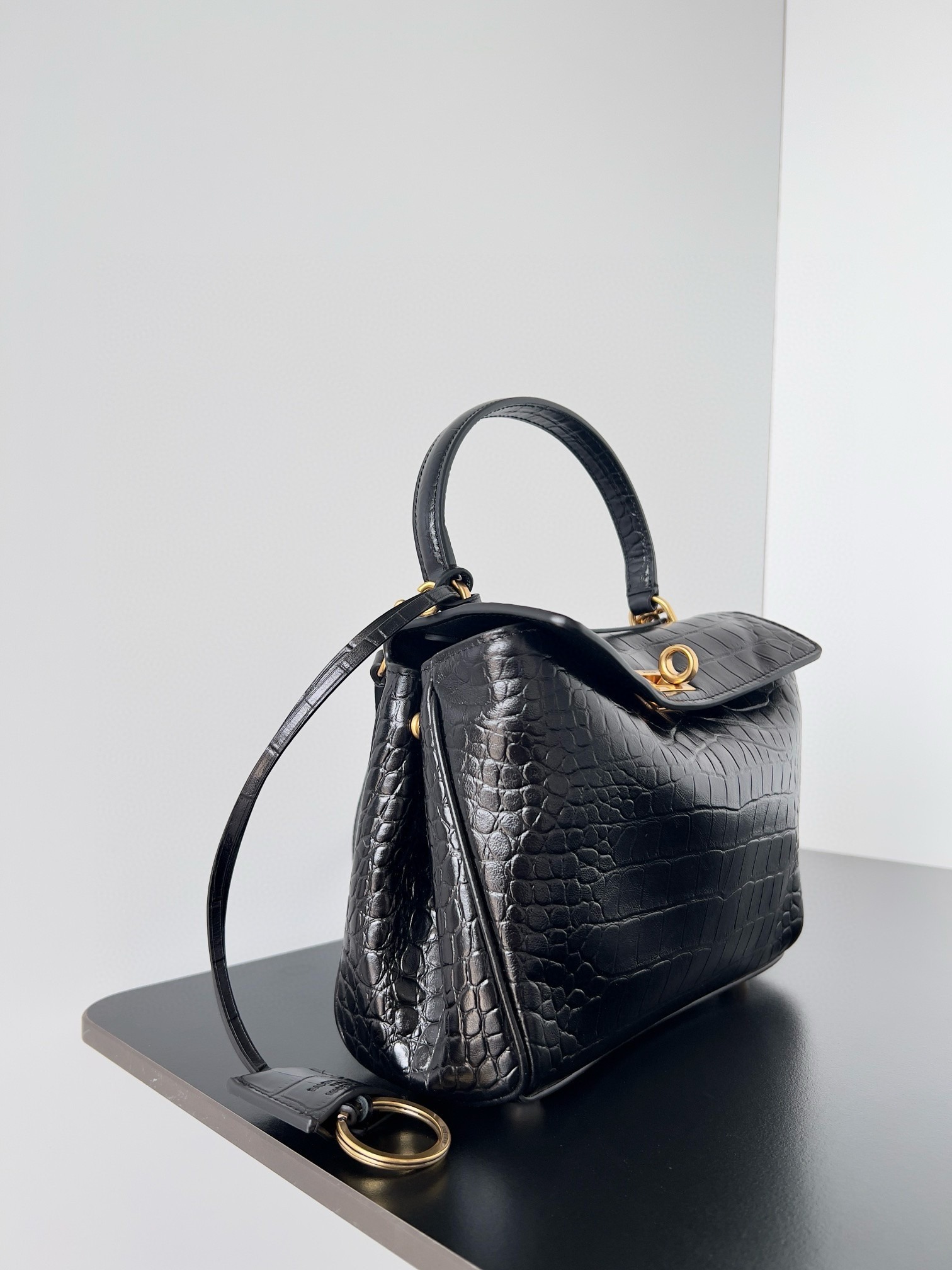Knockoff Ba1en*iaga Rodeo Mini Bag Black Crocodile Embossed Calfskin