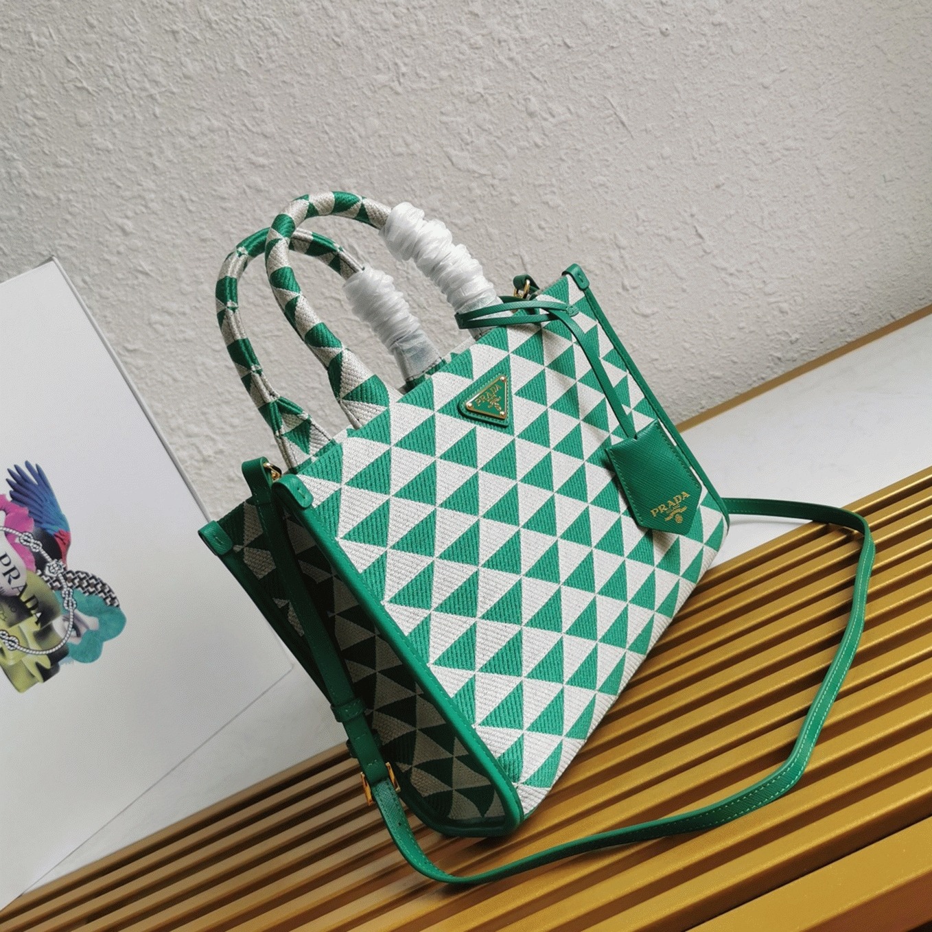 Pra*a Symbole Small Bag Replica in Green/White Jacquard Fabric