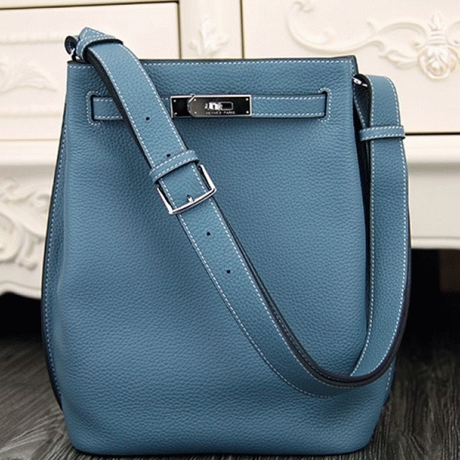 Jean Blue Leather Fake H**me5 So Kelly 22cm Casual Handbag