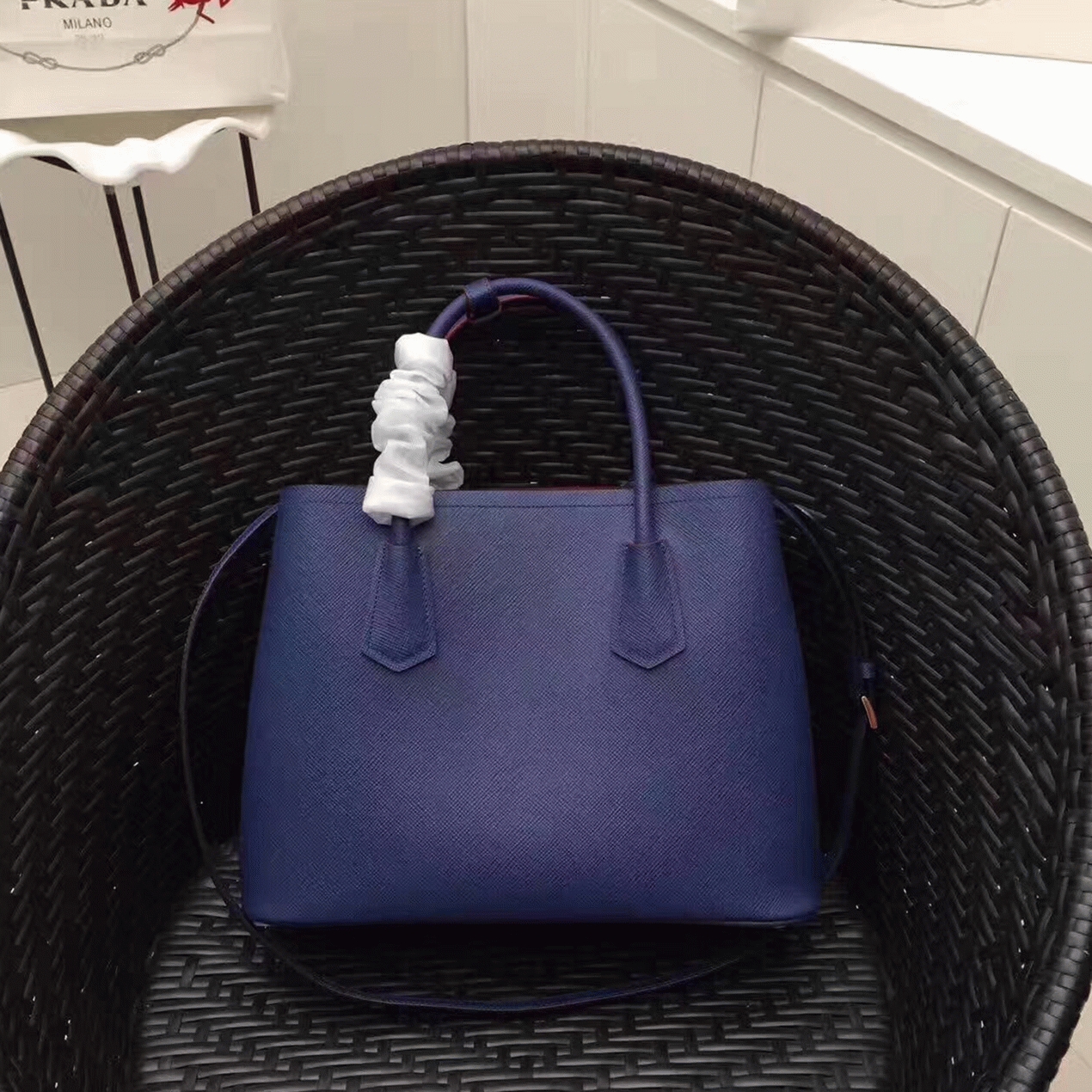 Blue Pra*a Double Medium Tote Bag Replica