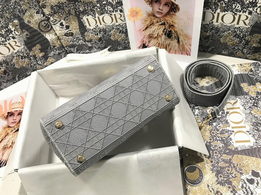 D10r Lady D-Lite Medium Bag Faux in Grey Cannage Embroidered Canvas