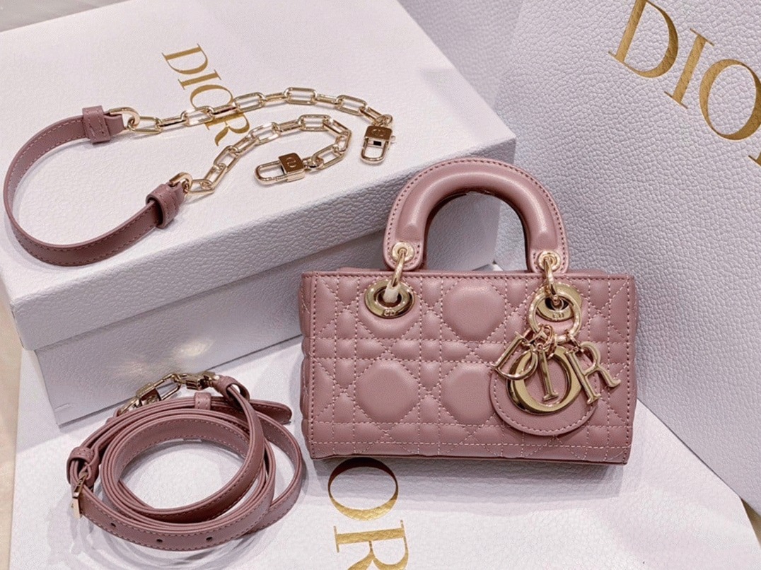 D10r Lady D-Joy Micro Bag Fake in Peony Pink Cannage Lambskin