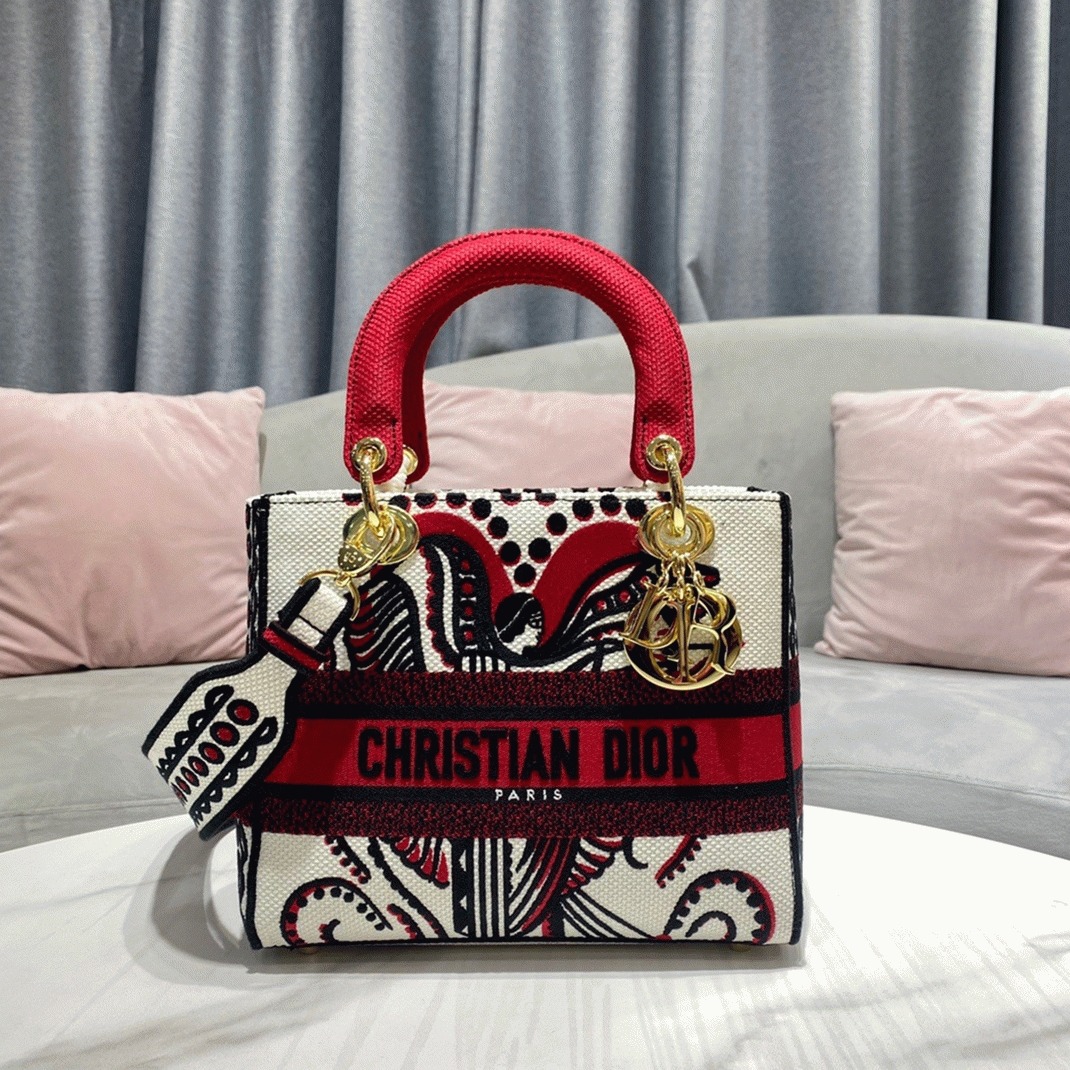 D10r Lady D-Lite Medium Bag Replica in White Multicolor Cupidon Embroidery