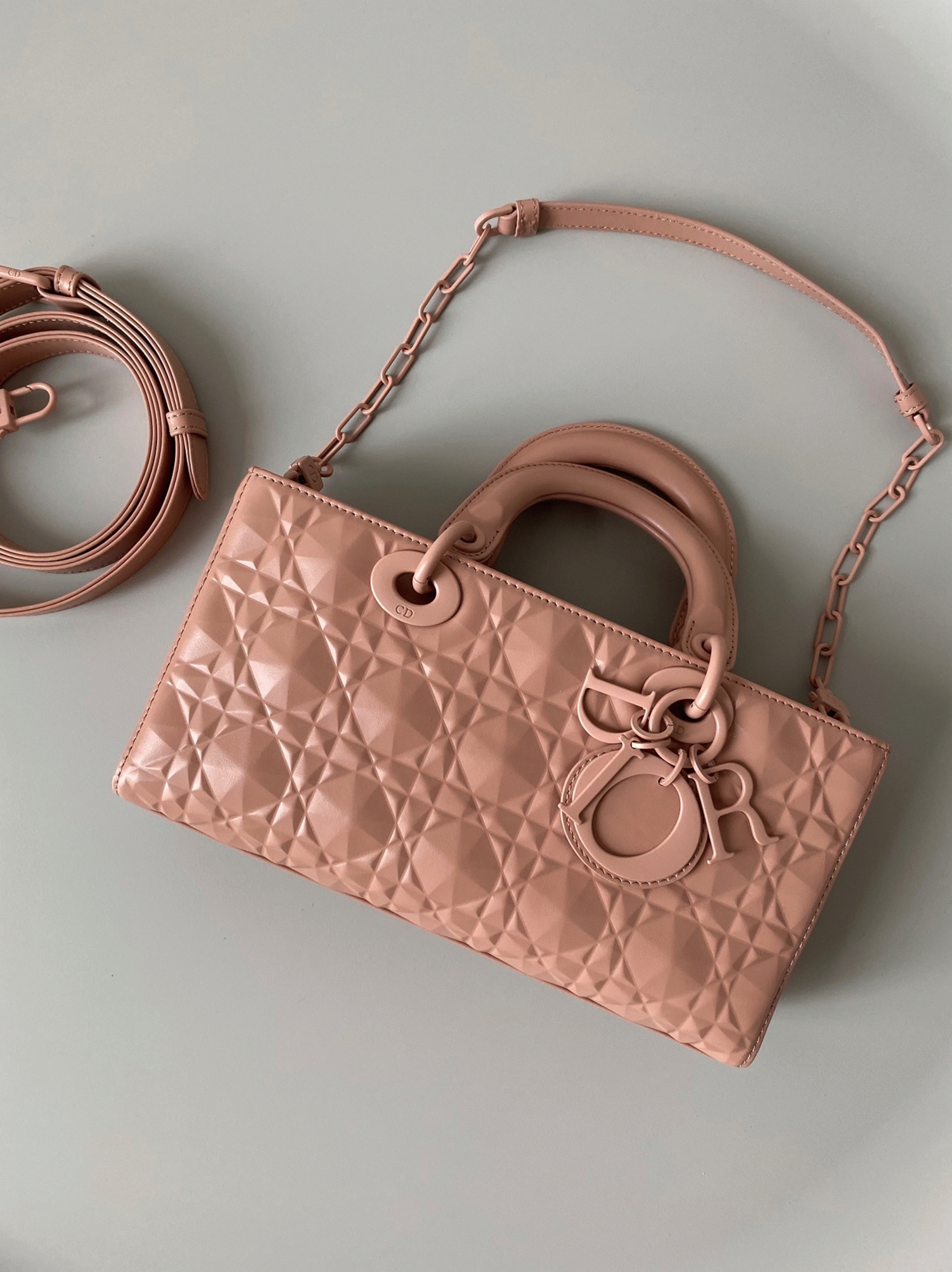 D10r Lady D-Joy Medium Bag Faux in Nude Calfskin with D1am0nd Motif