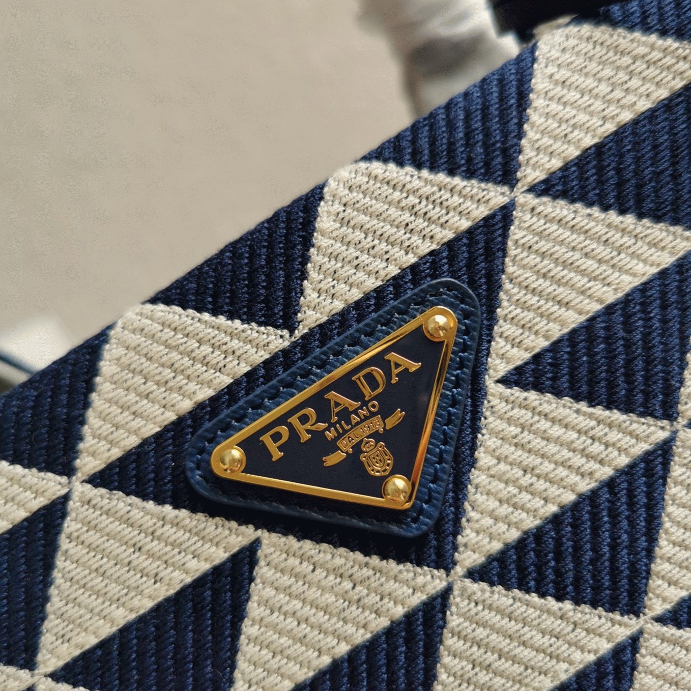 Pra*a Symbole Large Bag Fake in White/Blue Jacquard Fabric
