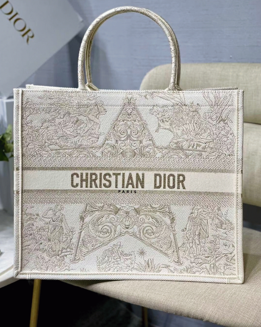 D10r Large Book Tote Bag Replica in D10r Around the World Stella Embroidery