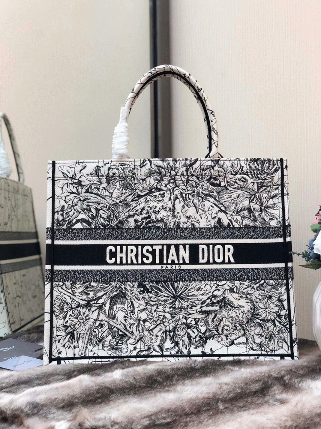 D10r Large Book Tote Bag Replica in Latte Zodiac Embroidery