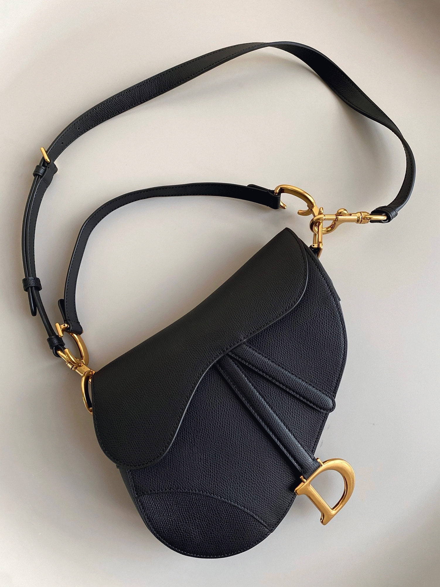 D10r Saddle Bag with Strap Fake in Black Grained Calfskin