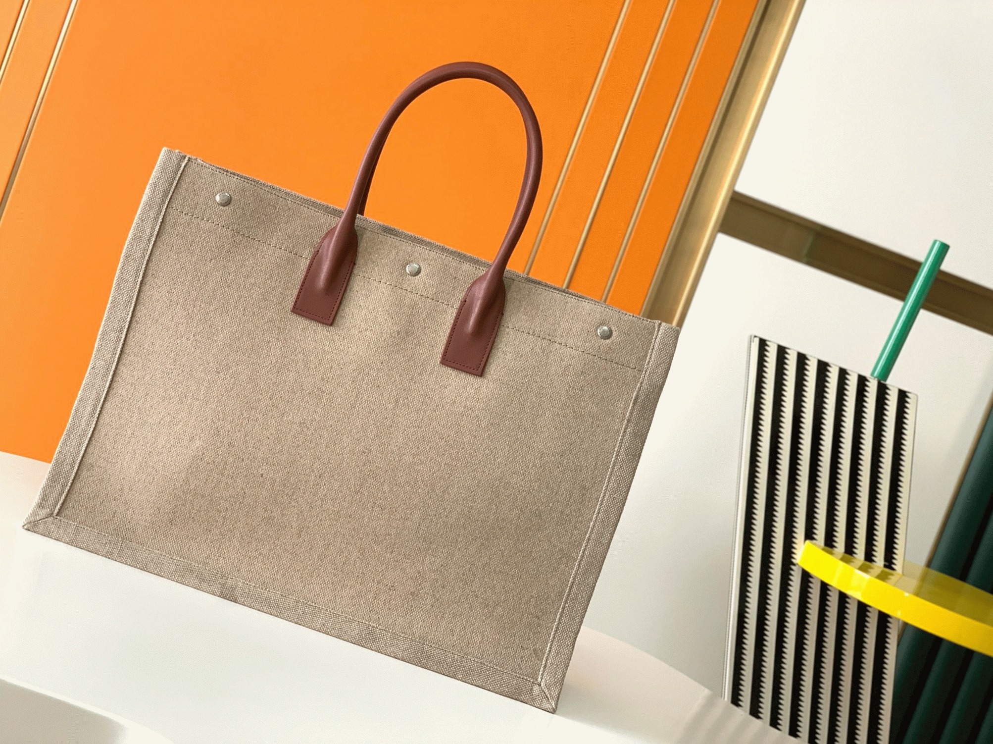 Knockoff Sa1nt Lau*nt Rive Gauche Tote Bag White Linen and Brown Leather
